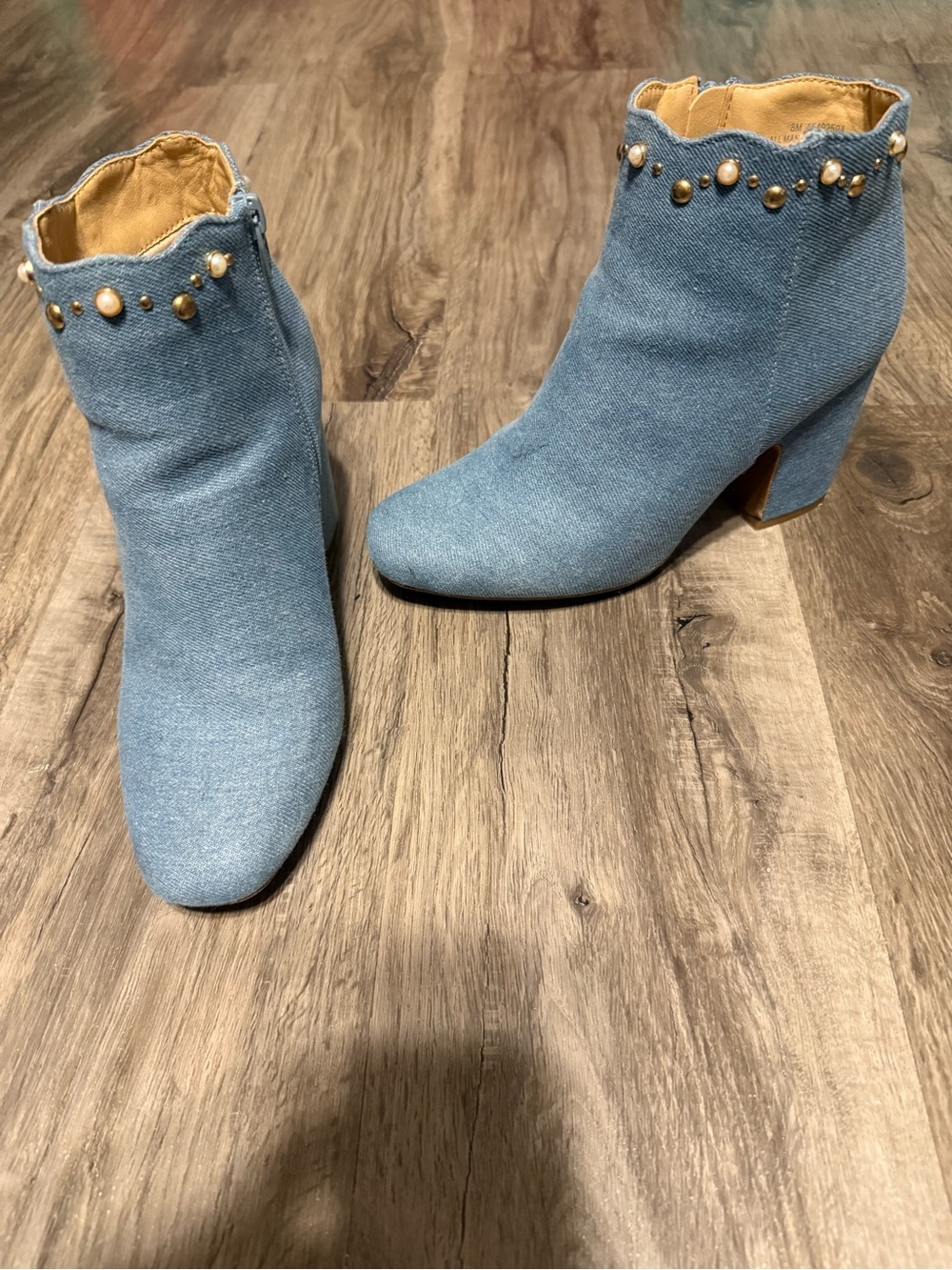 Women’s Light Blue Denim Ankle Boots with Pearl Accent